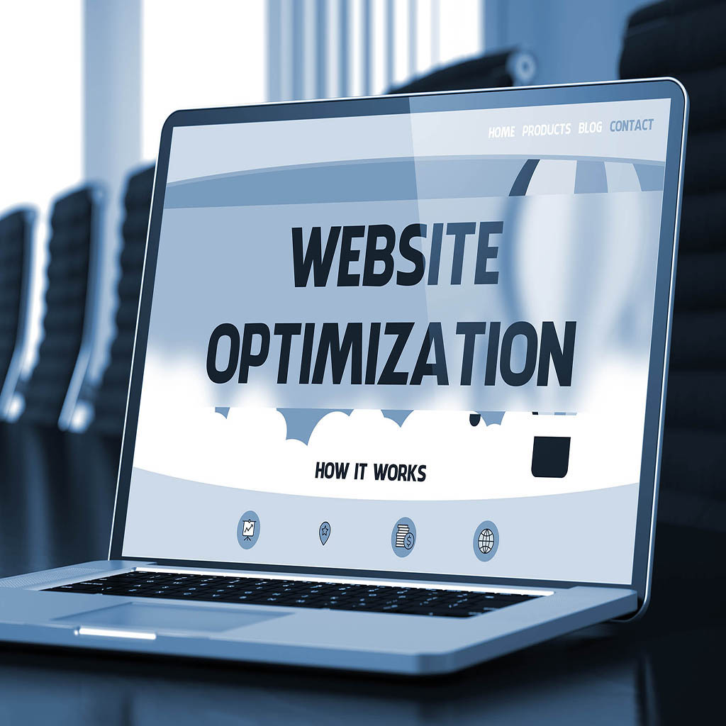 Website Optimization Concept. Closeup Landing Page on Mobile Computer Display on Background of Conference Hall in Modern Office. Blurred. Toned Image. 3D Illustration.